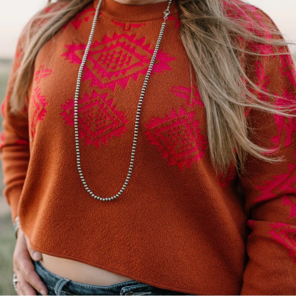 TWO FLY Western Aztec Crop Knit Top Saddle Tan and Pink